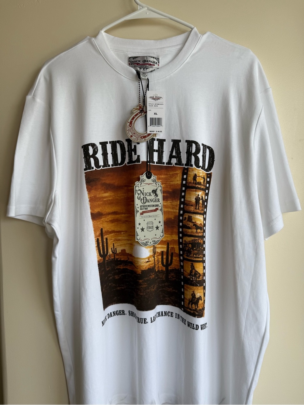 Nick Danger Western Apparel Men's XL White Ride Hard Cowboy Graphic T-Shirt NWT